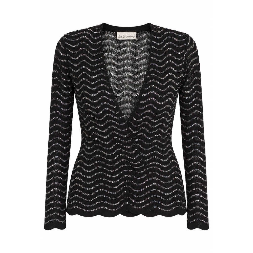 Diane von Furstenberg DVF Black Silver Metallic Wave Pointelle Cardigan L/XL